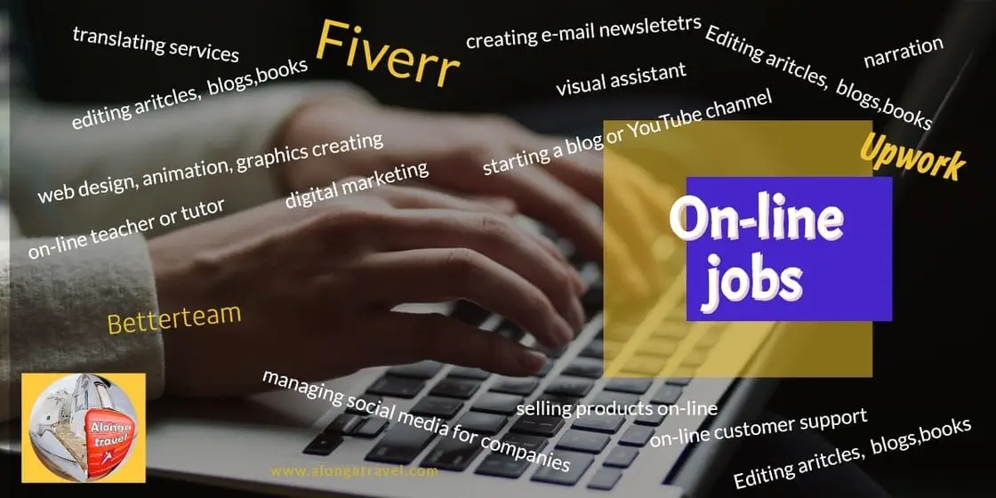 Hands on a keyboard & Fiverr & other online companies & a sign: 'On-line jobs'