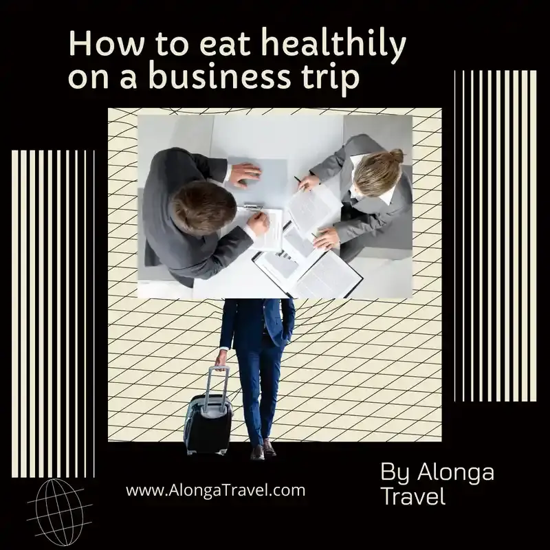 Blac & beige background with a business meeting, & a guy with a 💼 & a sign' how to eat healthy '