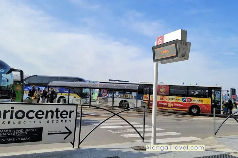 Buses waiting at the bus station at Bergamo Orio, Milan.
