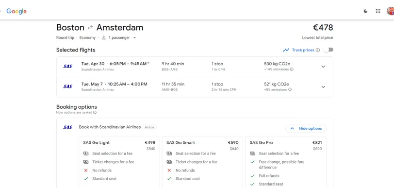 Boston to Amsterdam air ticket screenshot