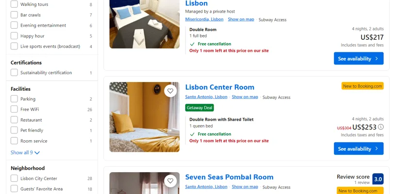 Screenshot of a few hotels offers in Lisbon