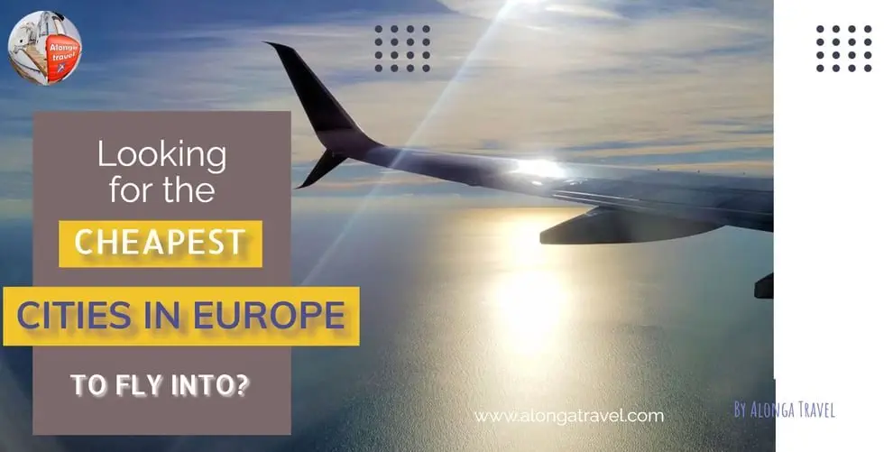A wing of a lying airplane & a custom sign: 'Looking for the cheapest cities in Europe to fly into?'