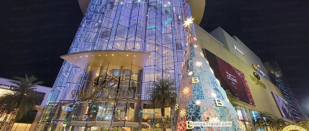 Siam Paragon building in Bangkok covered with colorful Christmas decorations