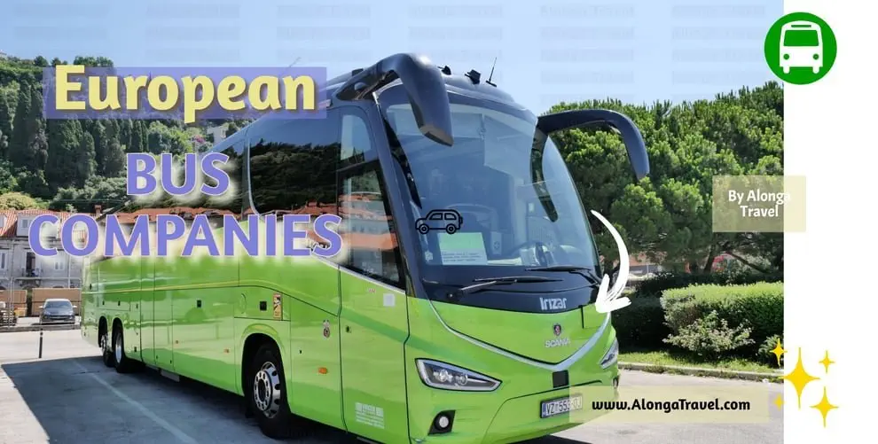 A flix bus at a bus station in Montenegro & a custom sign: 'European bus companies'
