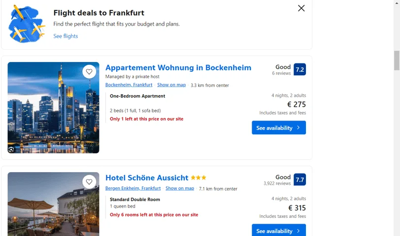 screenshot of a hotel in Frankfurt for about 60 dollars per night