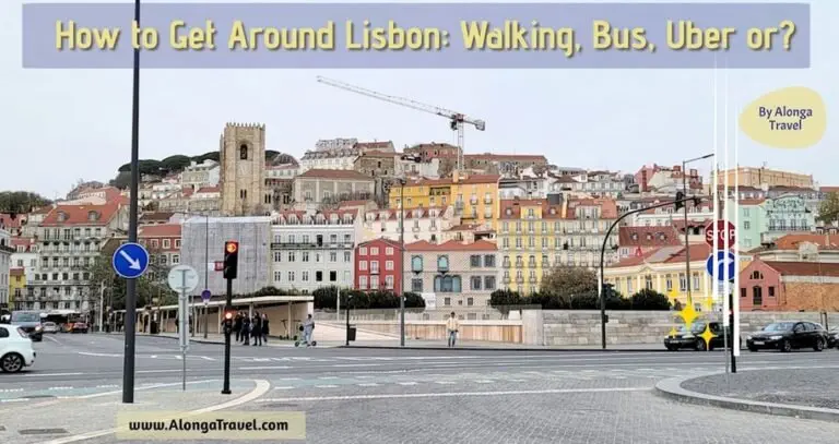 People walking, waiting for a bus, riding a car & a sign: 'How to get around Lisbon'