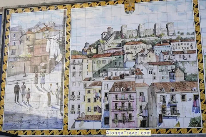 A picture made of small painted tiles with Lisboa Alfama view and the Castle St. Jorge