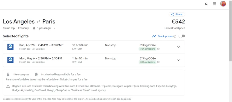 Screenshot of 542 euro air price from Los Angeles to Paris