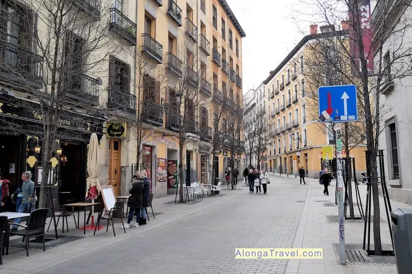 Pretty streets of Madrid with people walking around