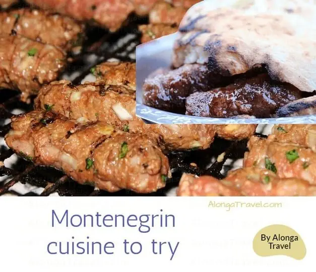 Cevapi on a grill & a custom sign: 'Montenegrin food to try