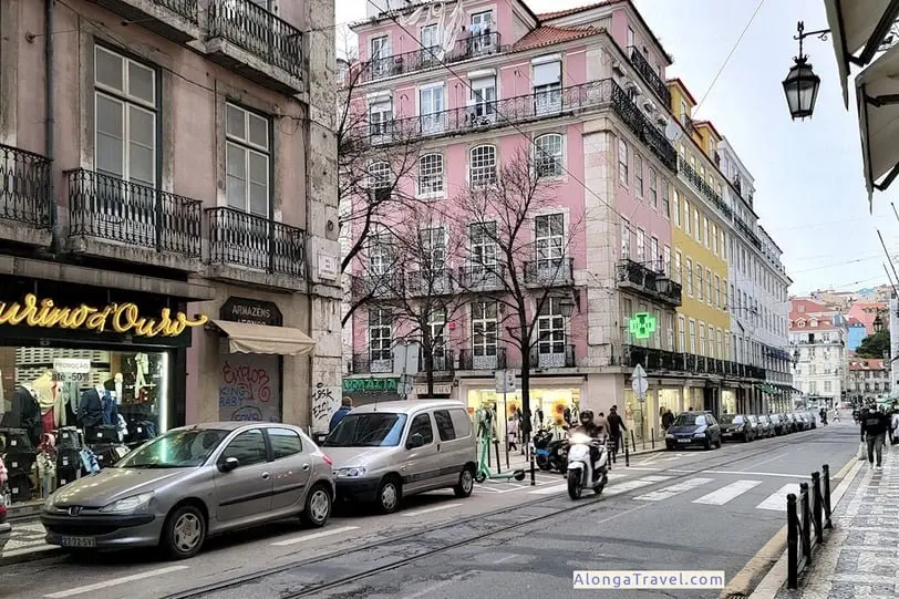 Modern street in Pombaline downtown with beautiful Pombaline style buildings around the street