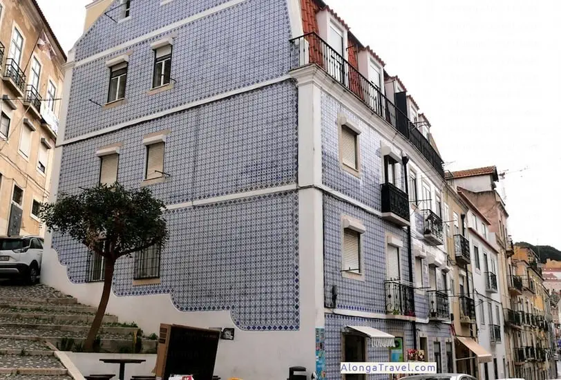 Blue colored azulejos on a Pombaline building in Lisbon