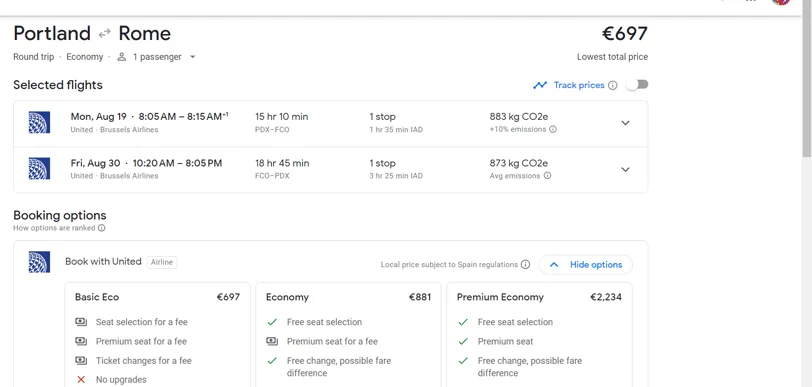 screenshot of an airfare for pdx to Rome for 697 euros