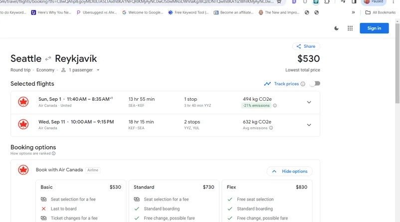 A screenshot of a $530 roundtrip ticket from SEA to Reykjavik
