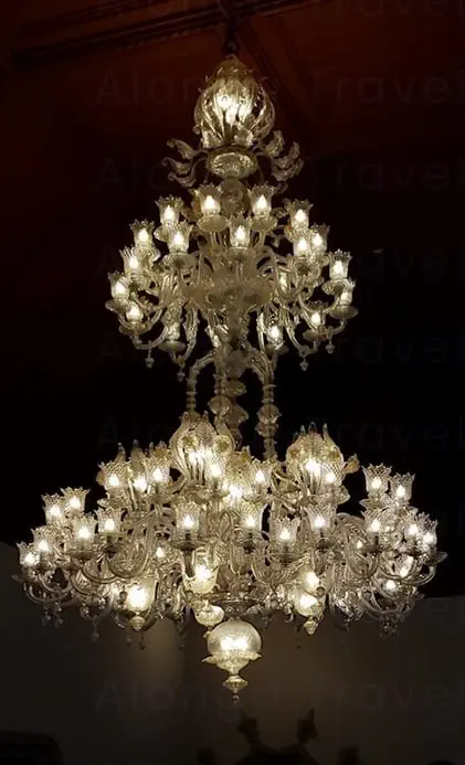 Beautiful chandelier hanging from a ceiling in Sintra National Palace