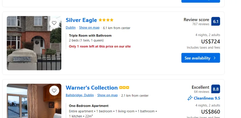 a screenshot of the cheapest room in a hotel in Dublin priced at $175 a night