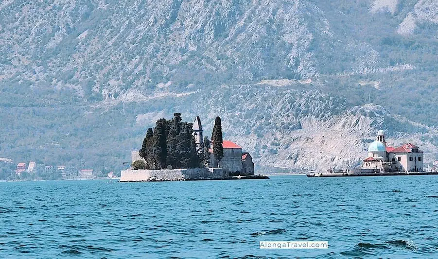 View from my boat tour of 2 small islands in Kotor Bay: with a blue cupola & with a stone church