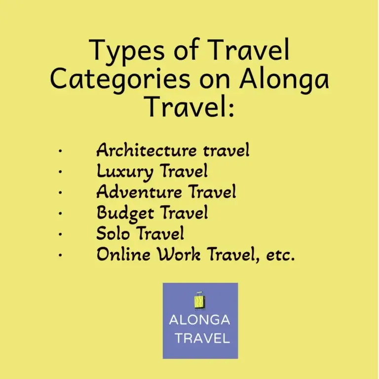 Type of Travel Categories on Alonga Travel sign on yellow background