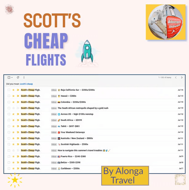 screenshot of my emails received from Scott's Cheap Flights