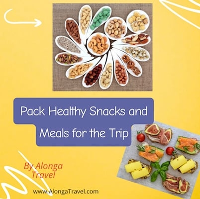 Yellow background with cheerfully arranged small piles of nuts, tapas & a sign: 'Pack healthy snacks