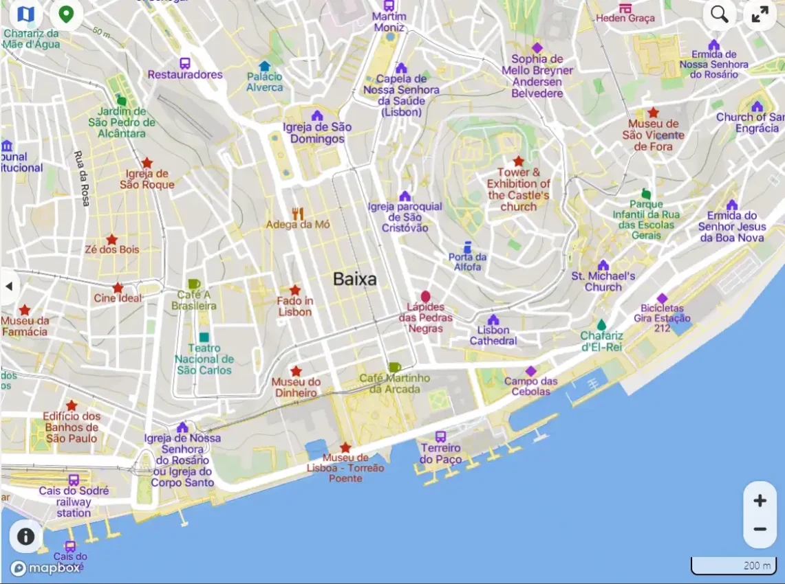 a map of moderl Lisbon with the area of Baixa Pombalina marked