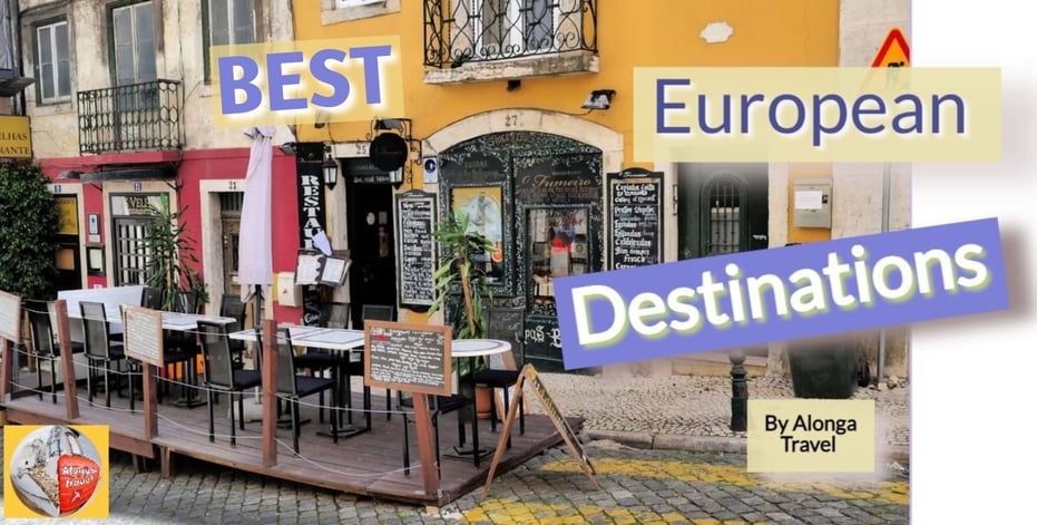 Pretty outdoor restaurant in Europe & a custom sign: ' Best European Destinations'