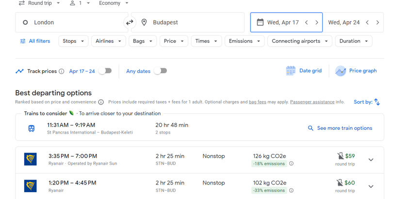 A screenshot of a $59 round trip airfare from London to Budapest found on Google flights