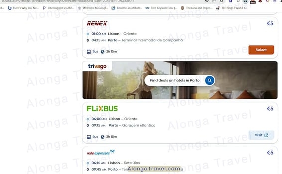 A screenshot of BusBud app finding a very cheap 5 euro ticket for a bus travel in Portugal