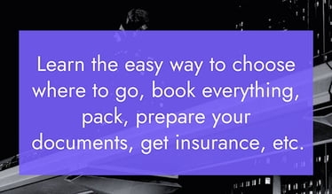 A train on the background & a sign ' Learn the easy way to choose where to go, book everything, etc.