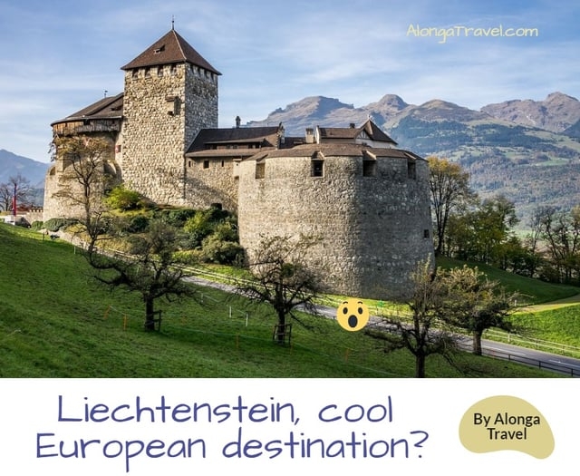 Old round castle & a custom sign: 'Liechtenstein, cool Europe destination'